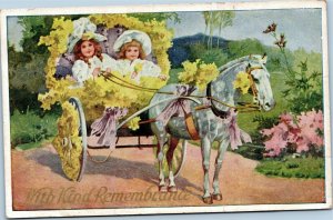 With Kind Remembrance Girls in White Dresses Yellow flower horse drawn cart 1909