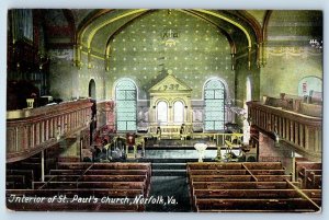 c1909 Norfolk Virginia Vintage Postcard Interior St. Paul's Church Altar Posted