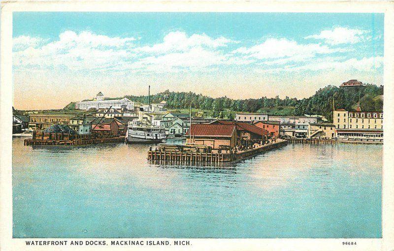 Docks 1920s Waterfront Mackinac Island Michigan Wickman postcard 10342