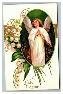 Vintage 1910's International Art Holy Easter Postcard Angel White Robes Flowers