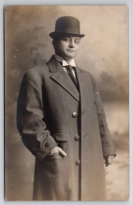 RPPC Dapper Gentleman Sweet Smile Bowler Hat Trench Coat Photo Postcard B39