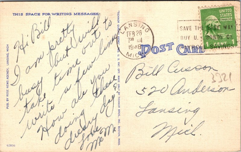 Lansing MI Michigan State Capitol Linen Postcard used 1948