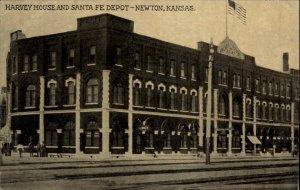 Newton KS Harvey House & Santa Fe RR Train Depot Station c1910 Postcard