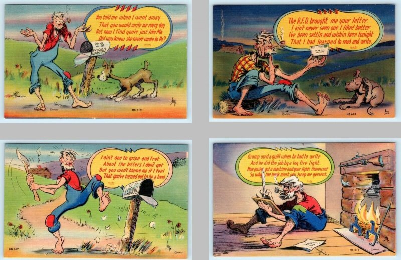 4 Comic Postcards HILLBILLY LOOKING for a LETTER Artist Irby ca 1940s Linen