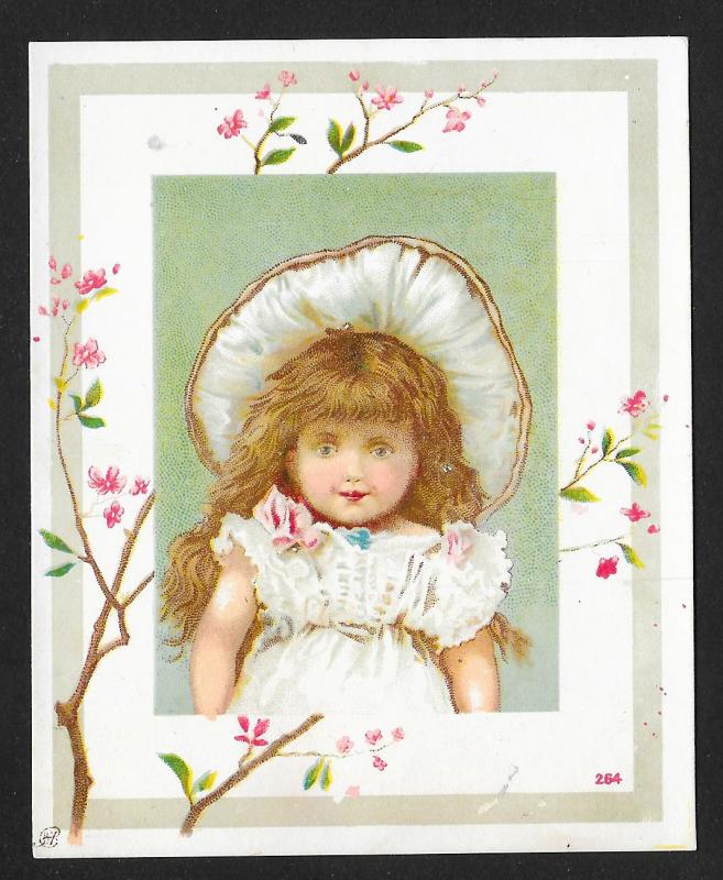 VICTORIAN TRADE CARD Cute Girl with Big Hat & Pink Flowers