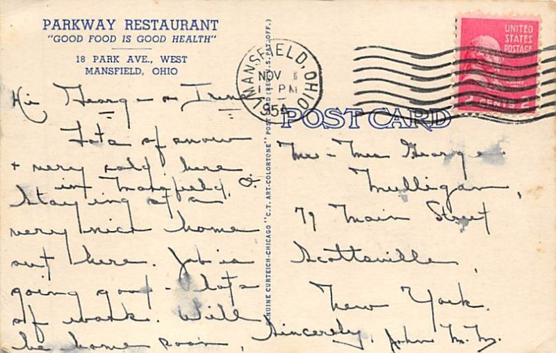 Parkway Restaurant Mansfield, Ohio OH Postcard