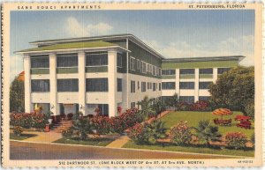 SANS SOUCI APARTMENTS St. Petersburg, FL Mirror Lake Linen 40s Vintage Postcard