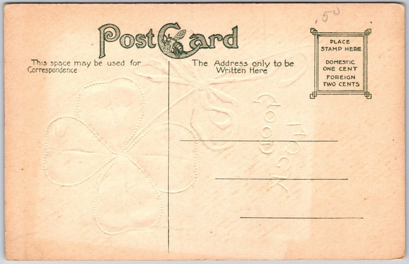 Good Luck, Embossed Four-Leaf Clover With Red Ribbon & Gold Accents, Postcard
