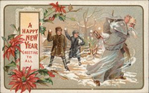 New Year Boys Throw Snowballs at Father Time Fantasy c1910 Vintage Postcard