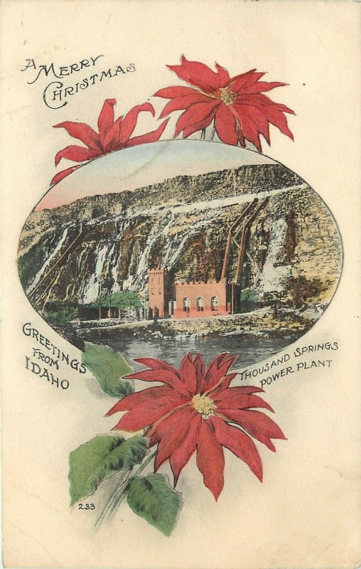 W.Andrews Hand-Colored Christmas Postcard Thousand Springs Power Plant Idaho ID