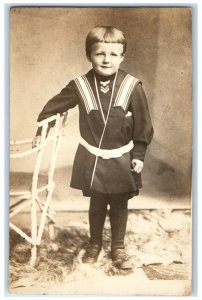 c1910's Little Boy Chair Studio Portrait RPPC Photo Posted Antique Postcard