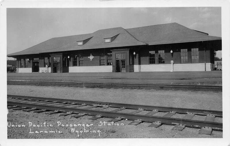 H64/ Laramie Wyoming RPPC Postcard RPPC c1930s Union Pacific Railroad Depot