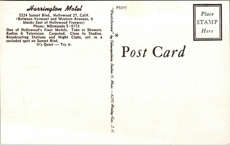 Postcard Harrington Motel in Hollywood, California~131381