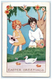 c1910's Easter Greetings Children Eggs Basket Ducks Flowers Antique Postcard