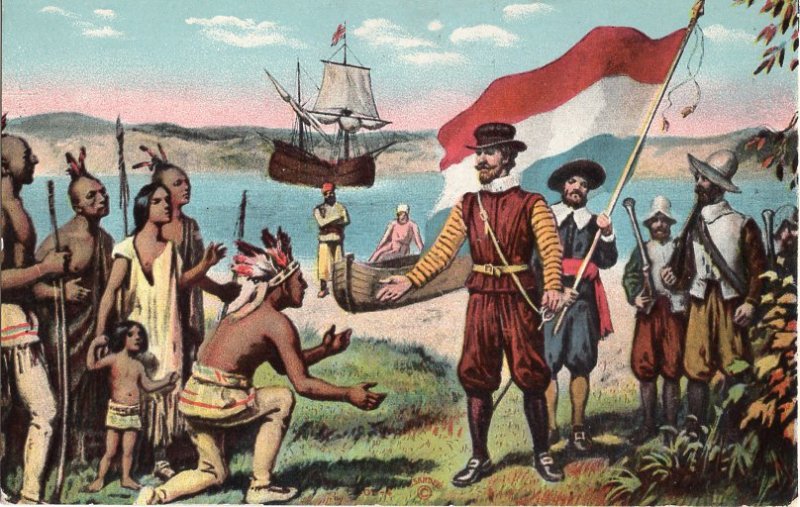 New York Henry Hudson taking Possession of MANHATTAN ISLAND (1609) Divided Back