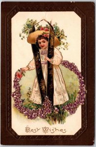 1909 Best Wishes Angel Fancy Hat Long Dress Flower Posted Postcard