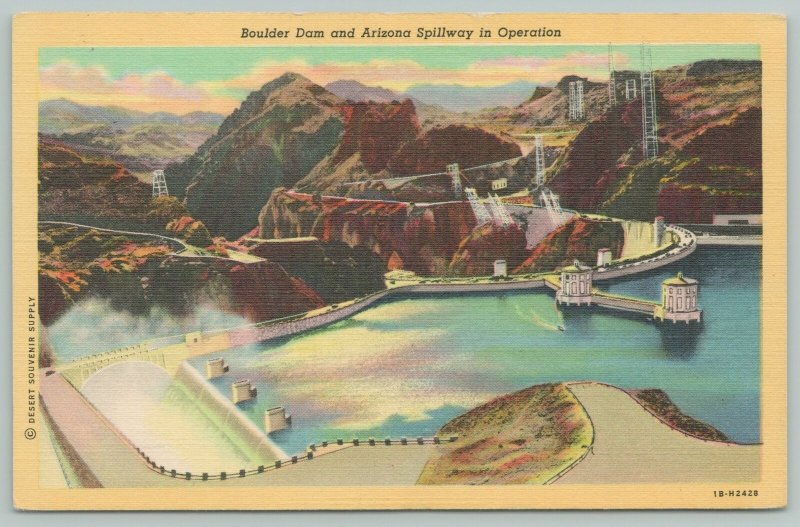 Boulder Dam Nevada~Arizona Spillway~1940s Linen Postcard