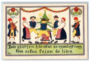 Christmas Postcard Sweden Tiny People Playing Violin c1910's Posted Antique