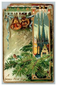 Vintage 1910 Raphael Tucks New Year Postcard Gold Bells Pine Trees Snow NICE