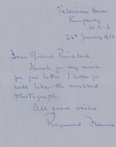 Raymond Francis Sherlock Holmes 1950s Hand Signed Letter