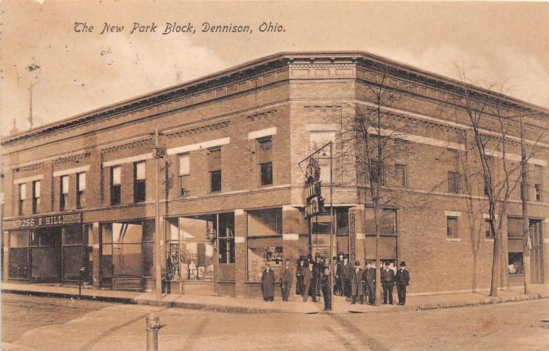 E79/ Dennison Ohio Postcard Tuscarawas County 1908 New park Block Stores