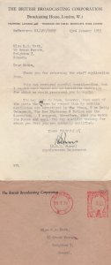 BBC Television 1953 Employment In TV Job Letter Refusal