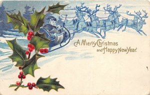 G38/ Santa Claus Christmas Postcard c1910 Reindeer Sleigh Holly 4