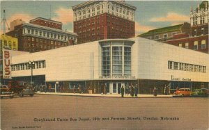 Autos Truck Greyhound Farnam Bus Depot Omaha Nebraska Postcard Tichnor 21-2584