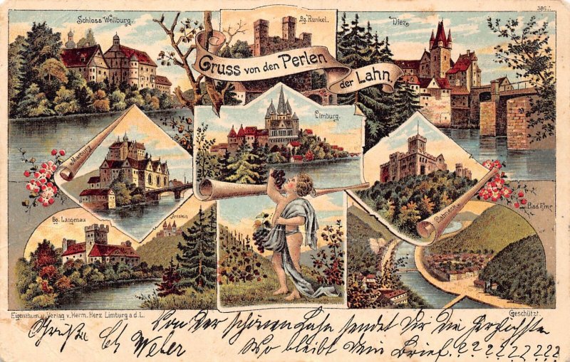 L482 Germany Gruss von den Perlen der Lahn 1900 litho vintage postcard