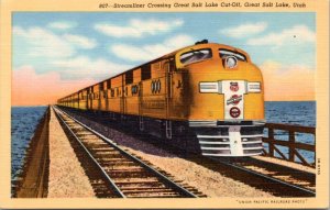 Postcard UT Train - Streamliner Crossing Great Salt Lake Cut-Off