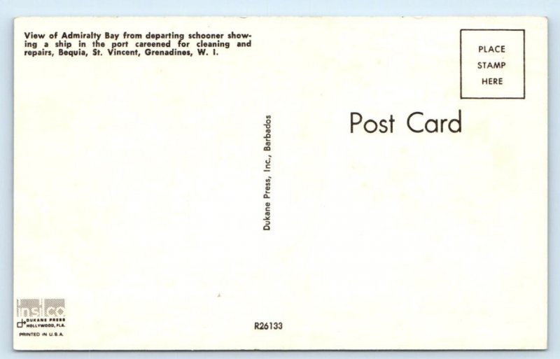 View Admiralty Bay departing schooner BEQUIA St Vincent Grenadine W.I. Postcard