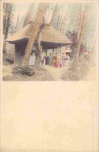Japanese Women at Pavilion Wooded Park Japan hand colored postcard