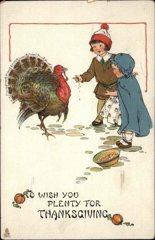 Tuck Thanksgiving Children Feed Turkey c1910 Vintage Postcard