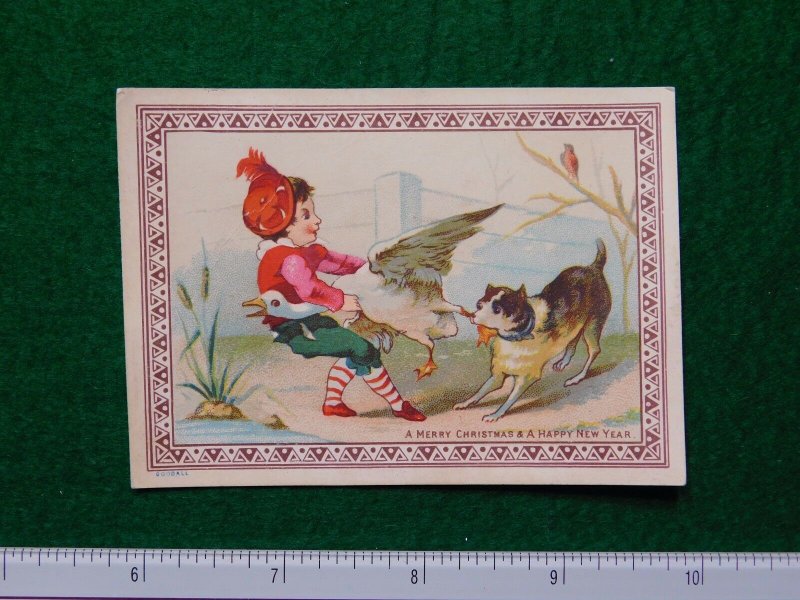 1870s-80s A Merry Christmas & Happy New Year Girl with Duck & Dog Trade Card F26