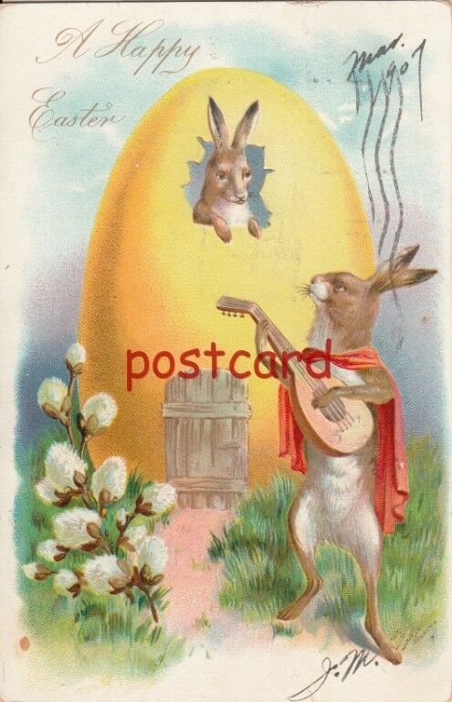 1907 A HAPPY EASTER rabbit with cape serenading with a lute, TUCK, embossed