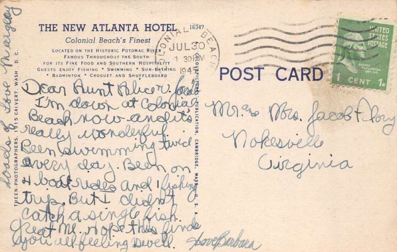 Colonial Beach Virginia The New Atlanta Hotel Vintage Postcard AA58612