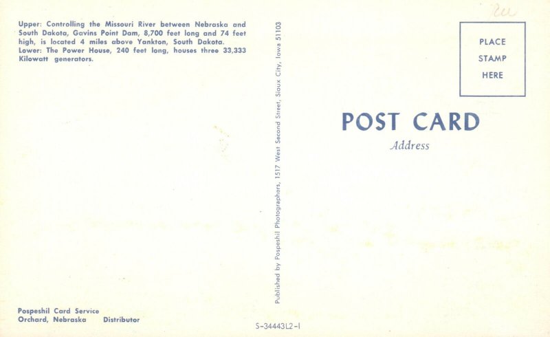 Postcard Greetings From Gavin's Point Dam Controlling Missouri River & Power