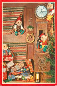 Christmas and New Year greetings postcard 1968 Sweden dwarf puppets and gifts