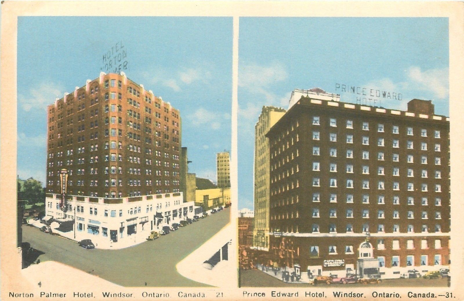 Windsor OntarioNorton Palmer HotelPrince Edward Hotel1940s Postcard