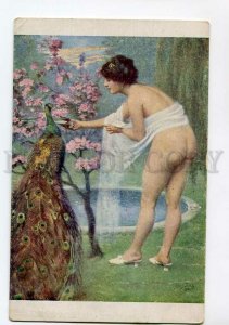 3135564 NUDE Woman NYMPH & PEACOCK by PETERS vintage color PC