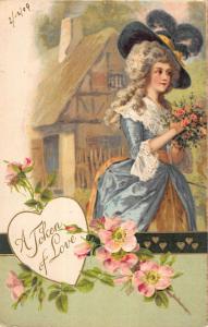 Valentines Day Old Fashioned Woman With Flowers Antique Postcard K21841 