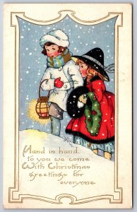 Christmas~Girls Bring Greeting~Snowy Day~Gold Lantern~ART DECO~Whitney Made~1921