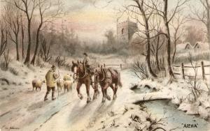 Val Norman. Horses. Sheeps. Winter scene Antique English PC