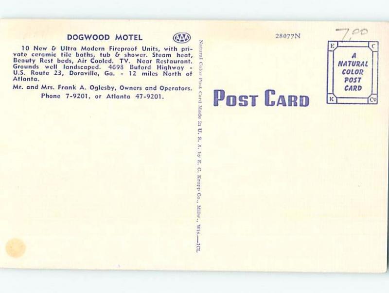 Unused Linen MOTEL SCENE Doraville - Near Atlanta Georgia GA B6737