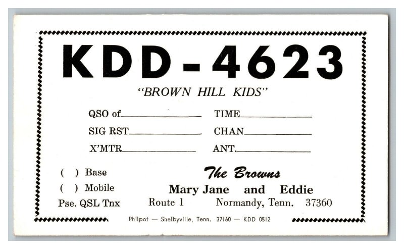 QSL Radio Card From Normandy Tenn. Tennessee KDD - 4623 