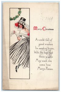 1918 Merry Christmas Woman Big Hat Holly Berries Toledo Ohio OH Antique Postcard