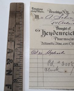 1922 HEYDENREICH BROS Pharmacists Atlantic Ave Clinton St NEW YORK Billhead