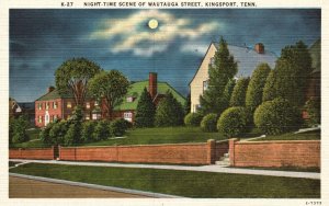 Vintage Postcard 1930's Night-Time Scene of Wautauga Street Kingsport Tennessee