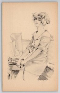 Pink of Perfection Edwardian Yacht Girl Steering Sketch Style Postcard L36