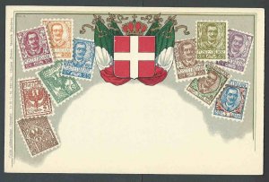 Ca 1903 Italy 1901 Stamp Set Portrayed On Mint Card W/Coat Of Arms